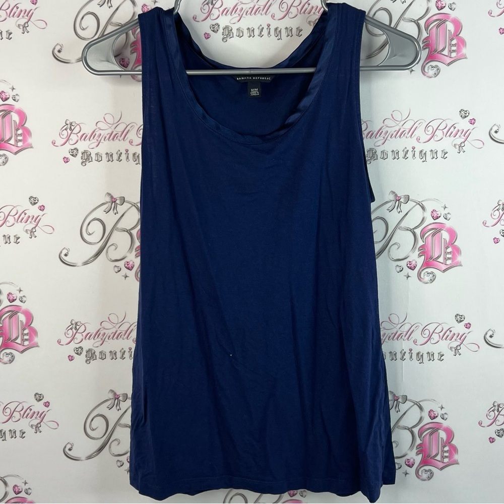 Banana Republic tank top sleeveless shiny trim detail blue swoop Navy Tank Top